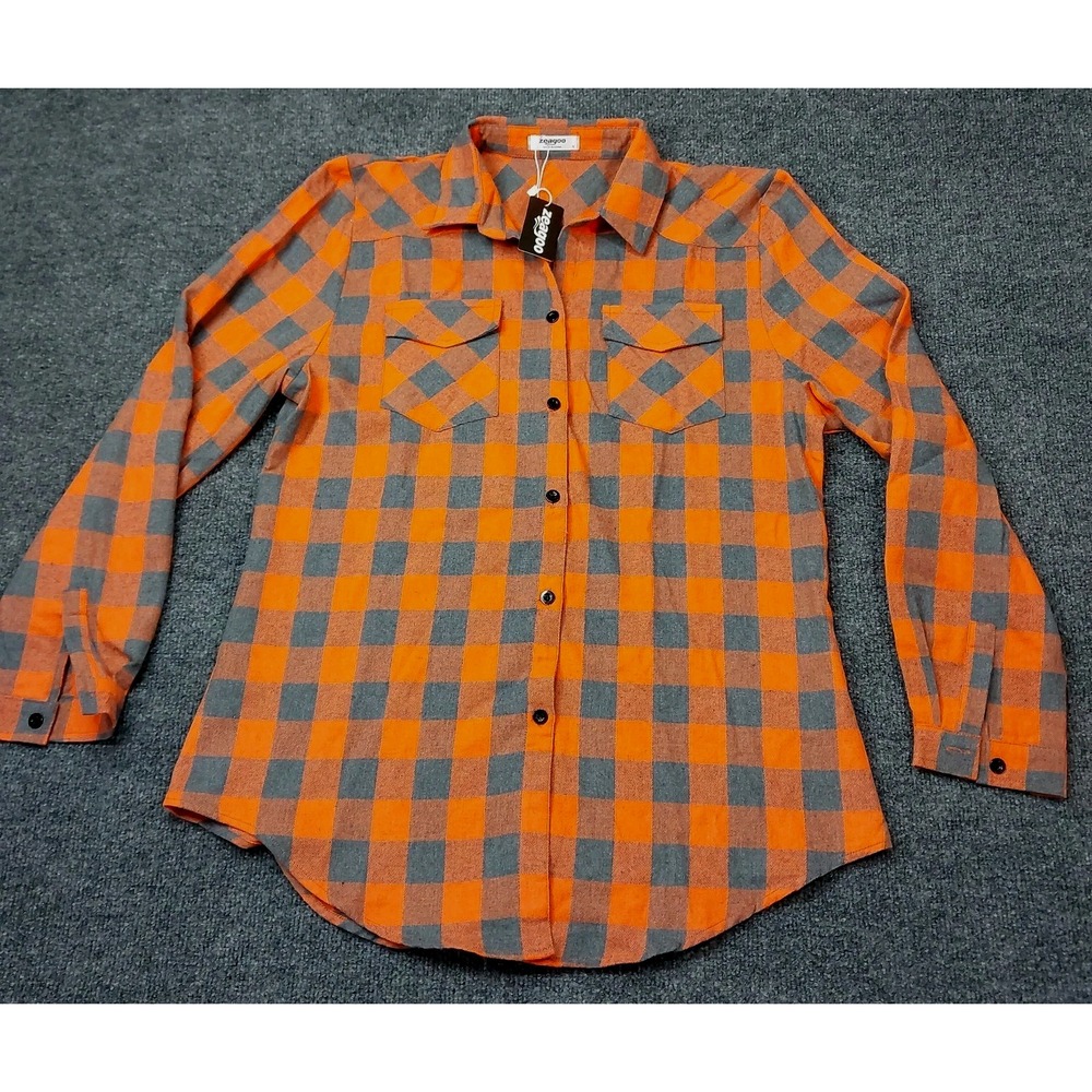 NWT Zeagoo Women's M Orange Buffalo Plaid Shirt Button Up Cotton Blend
